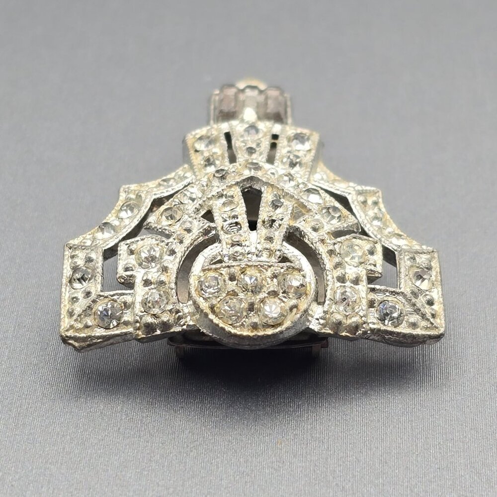 Vintage Art Deco Rhinestone Dress Clip 1.5" Silver Tone Estate Jewelry Cutouts - Picture 3 of 9